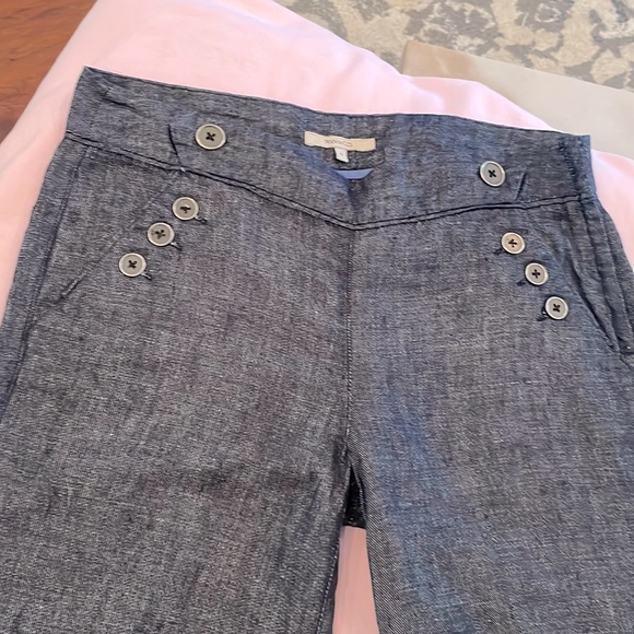 Linen pants with denim look slight flare. Side Zipper/hook closure. No stretch - Picture 1 of 12